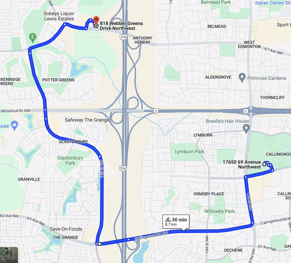 nunymare's tweet photo. @mommypedals @asadyyc This also is an alternative to avoid the construction on 87 Ave - mostly all on MUPs. Though there is a section of Lewis Estates Blvd near the golf course that you might need to use a sidewalk. https://t.co/NUY41oDIM3