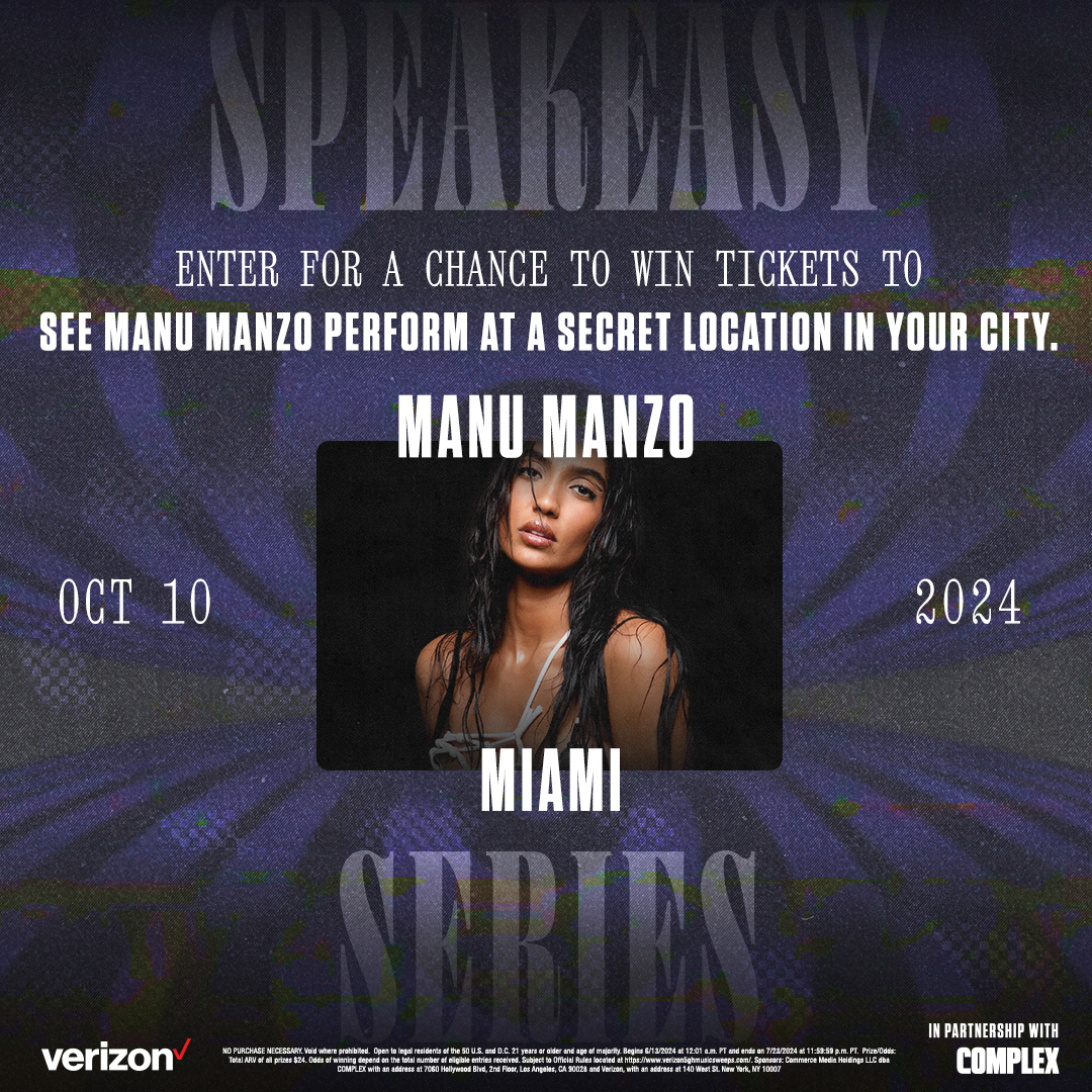 Complex's tweet photo. Miami! Enter for a chance to win tickets to an intimate performance with @manumanzo on Thursday, Oct. 10th with @verizon @complex #VerizonSpeakeasySweeps

Enter Now:
https://t.co/XP71bElAHc

NO PURCHASE NECESSARY. See Official Rules at https://t.co/XP71bElAHc