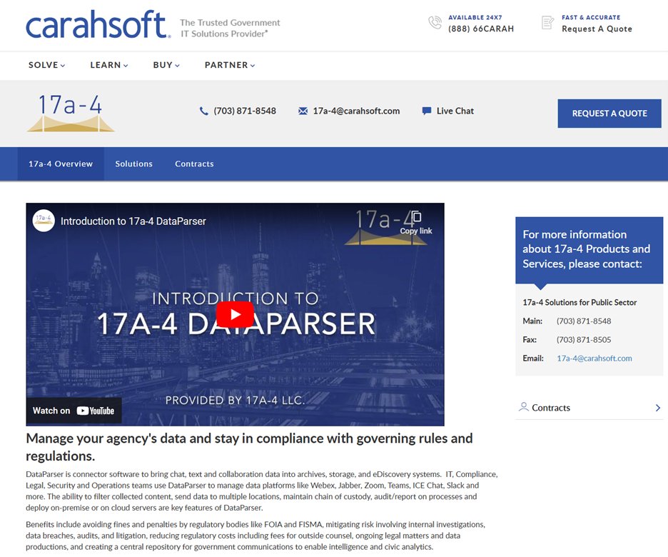 Our partner Carahsoft has launched a site for DataParser 17a-4.com/2024/06/12/gov… Thank you Carahsoft!! Government and Public Sector clients - check it out carahsoft.com/17a-4 #Carahsoft #DataParser #governmentcompliance #compliance software #connectors #archive