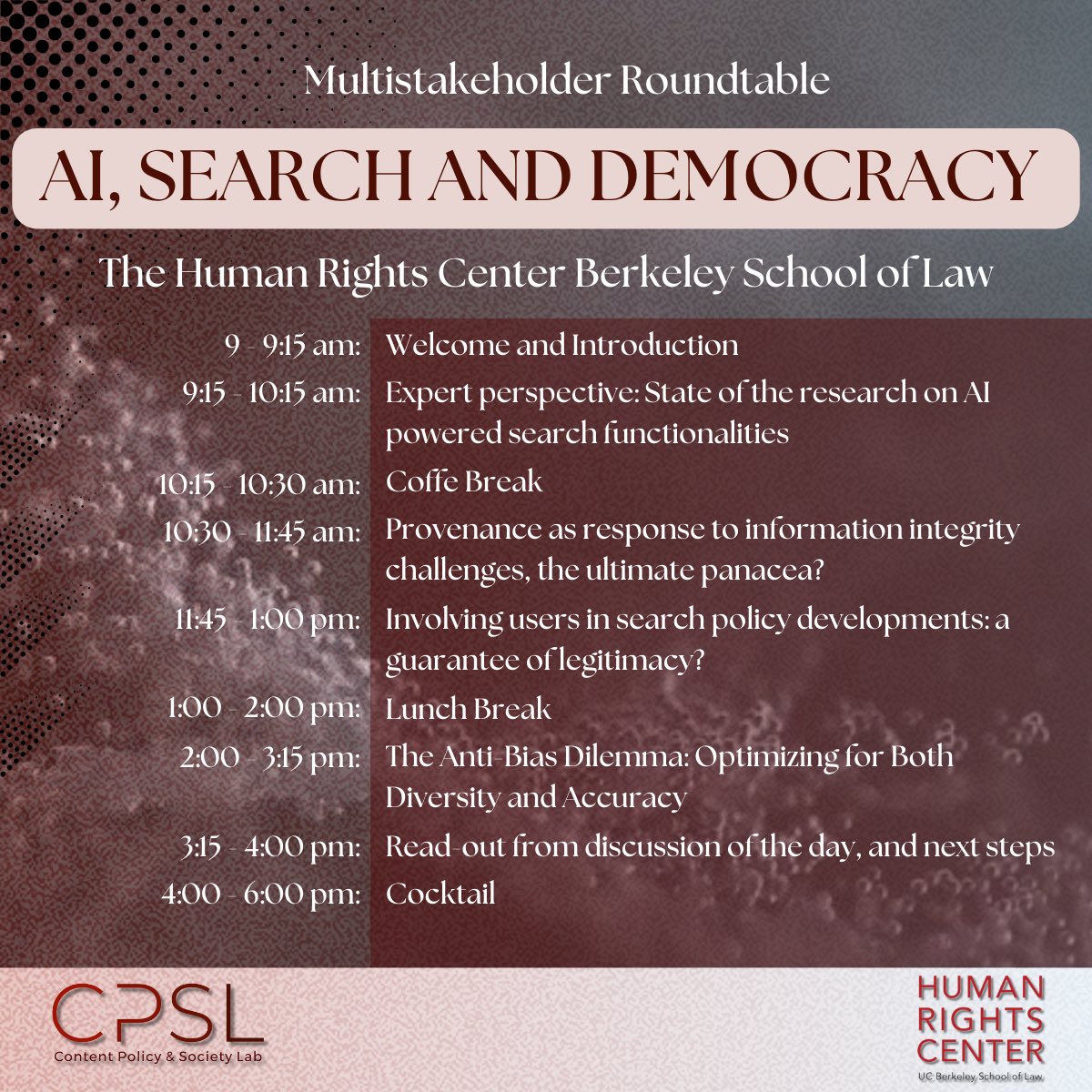 Content Policy & Society Lab (CPSL) (@contentpsl) on Twitter photo 🚨HAPPENING TODAY!
AI, Search, and Democracy
A Multistakeholder roundtable to delve into what #Ai powered #technologies functionalities could mean for #democracy? We are proud to organize this event with <a href="/hrcberkeley/">Human Rights Center</a>
More Infos ⏩ aisearchdemocracy.tech 🚨HAPPENING TODAY!
AI, Search, and Democracy
A Multistakeholder roundtable to delve into what #Ai powered #technologies functionalities could mean for #democracy? We are proud to organize this event with <a href="/hrcberkeley/">Human Rights Center</a>
More Infos ⏩ aisearchdemocracy.tech