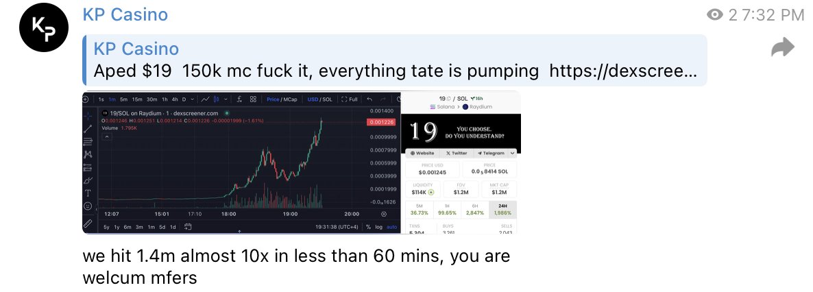 10x in 60 mins... you are welcome

$19

and yes iam not selling yet... waiting to see, no way <a href="/Cobratate/">Andrew Tate</a> did the poll and announced number 19 as the winner just for fun... if he tweets it, this shit is going to 19m