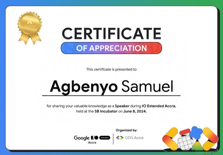AgbenyoOfficial's tweet photo. Huge thanks to @GDGAccra for the certificate of appreciation! Honored to have spoken at #GoogleIO Extended Accra.
#IOExtended #IOExtendedAccra #GDGAccra https://t.co/Y5jWzF2uHo