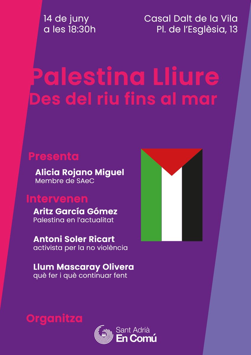Divendres 18:30h  al Casal Dalt d La Vila, denunciarem el genocidi que Israel està cometent amb el poble d Palestina, donarem visibilitat a la situació d'emergència i ens solidaritzarem amb les persones, especialment menors, q viuen a les zones d conflicte.  #PalestinaNoEstáSola