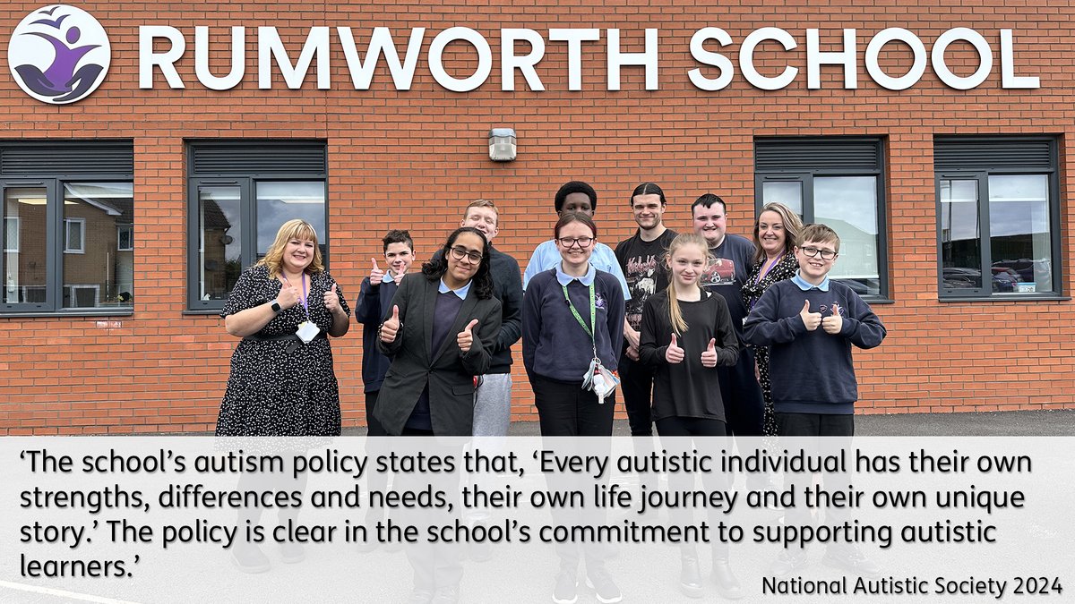 Rumworth's tweet photo. Mrs Fletcher shared the amazing news with staff and students earlier this week that the National Autistic Society have confirmed that Rumworth has achieved the Advanced status for the Autism Specialist Accreditation.
1/3 https://t.co/uKQpB7GpQ1