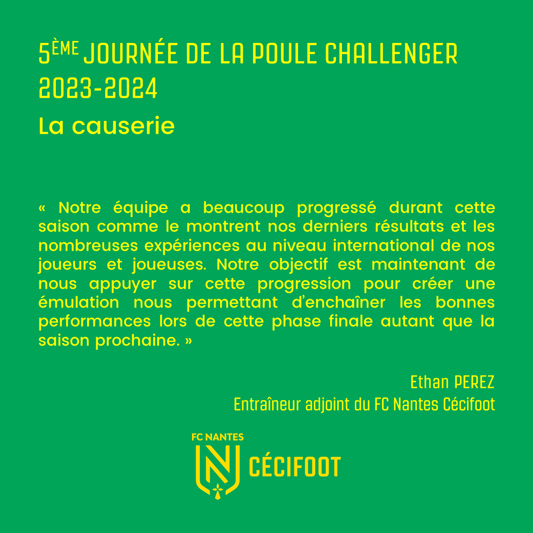 🗣 La causerie 🗣

La causerie avant la 5ème journée du Championnat de France (Poule Challenger) prévue ce samedi à Bondy, est proposée par Ethan PEREZ, l’un de nos entraîneurs adjoints, qui évoque l'importance de l’expérience dans la performance.

#FCN #Cécifoot #OnEstNantes