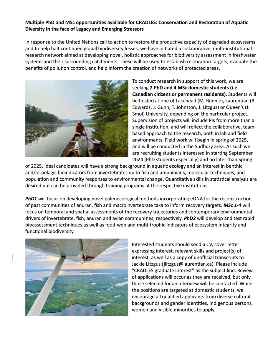 💥GRADUATE OPPORTUNITIES💥 Multiple PhD and MSc positions at Lakehead, Laurentian, and Queen's university related to biodiversity in freshwaters! 👇👇👇
