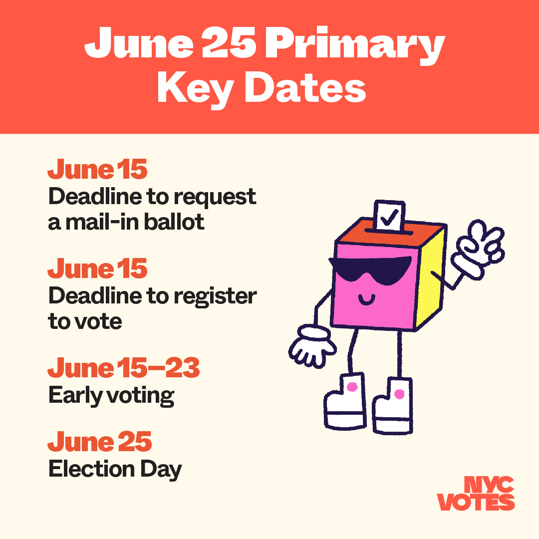 🚨Deadline alert🚨

Voters: Register to vote and/or request a mail-in ballot ASAP! 

June 15: Deadline to register to vote
June 15: Deadline to request a mail-in ballot (online) 
June 15 - 23: Early Voting
June 25: Election Day