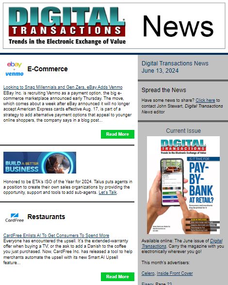 DTPaymentNews's tweet photo. Today's Digital Transactions News: Eyeing Younger Shoppers, eBay Adds Venmo; CardFree Tasks AI with the Upsell; Visa Relaunches Savings Edge
https://t.co/wyeVN8Hot5
#payments #Venmo #eBay #onlinemarketplaces #restaurants #CardFree #onlineordering #Visa #PayPal #ecommerce https://t.co/1Nx15sz2np