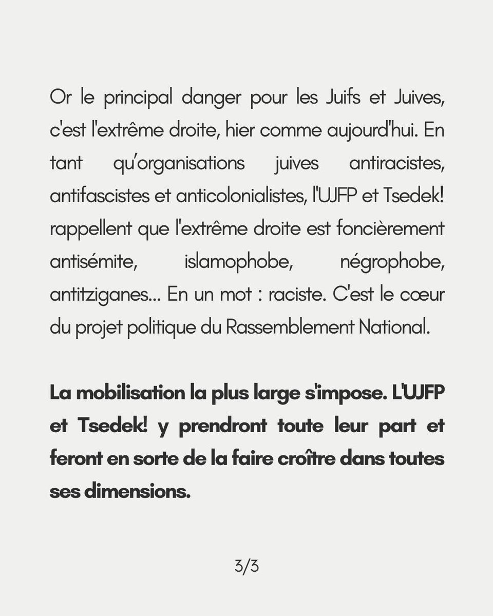 L'Union juive française pour la paix (UJFP) et TSEDEK! participent au Front Populaire.

Nouveau communiqué ⬇️