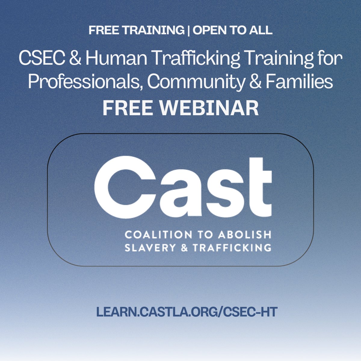 CASTLA's tweet photo. FREE WEBINAR
Factors of Resiliency for Male Survivors of Exploitation presented by Russell G. Wilson, Preventing & Addressing Child Trafficking Consultant
Learn more and register at https://t.co/uLNfPQEYky.
#CastLA #HumanTraffickingAwareness #CSEC #MaleSurvivors #FreeWebinar https://t.co/nONDoKED0S