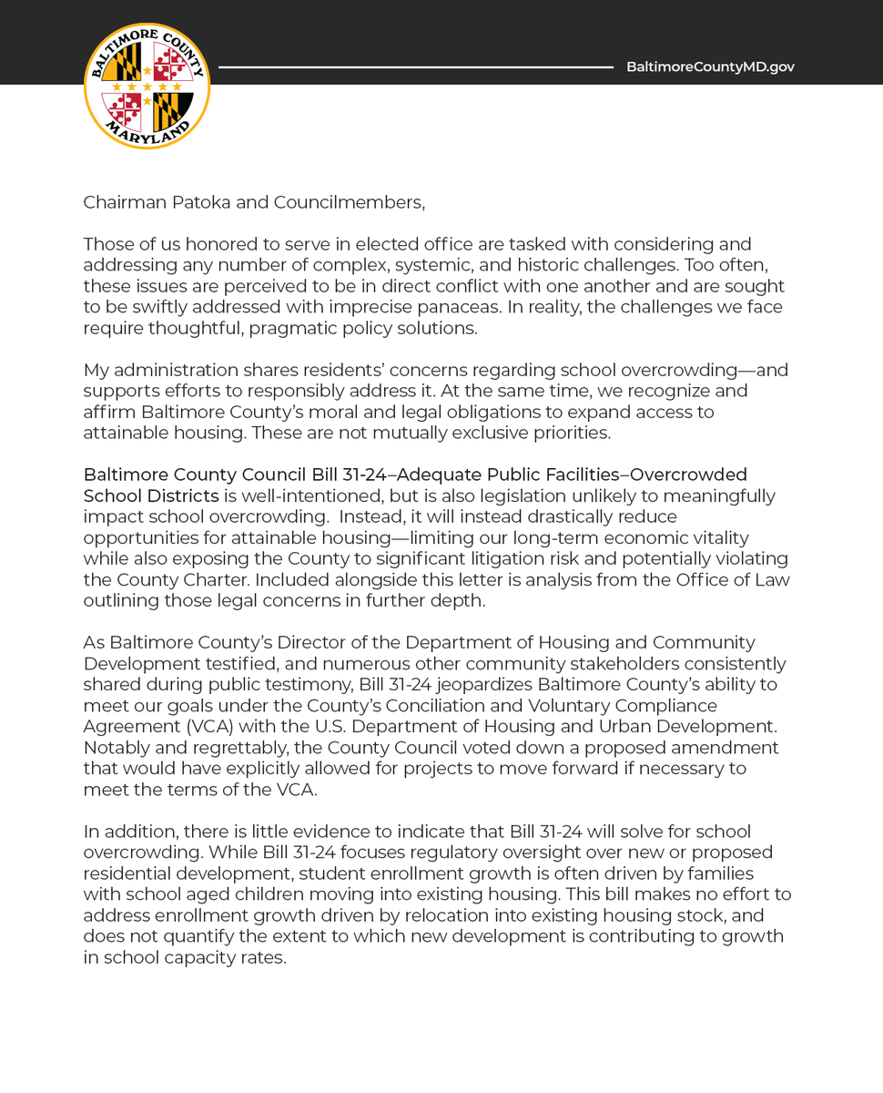 BaltCoExec's tweet photo. I share your concerns regarding school overcrowding and support efforts to responsibly address it. At the same time, we must expand access to attainable housing.

I'm vetoing Bill 31-24 (Adequate Public Facilities Ordinance)—read my letter to the County Council: https://t.co/X0KcBNRyZ1