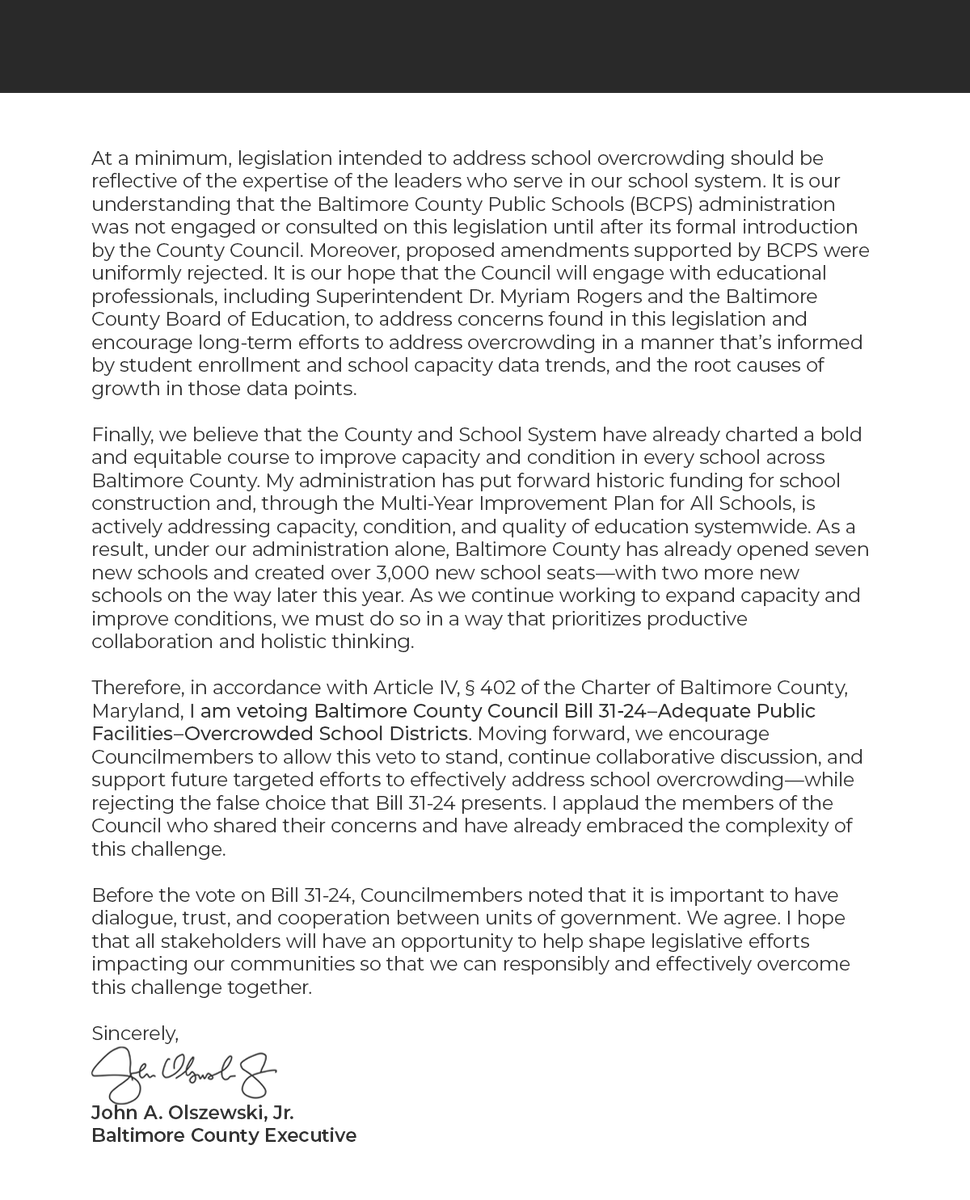 BaltCoExec's tweet photo. I share your concerns regarding school overcrowding and support efforts to responsibly address it. At the same time, we must expand access to attainable housing.

I'm vetoing Bill 31-24 (Adequate Public Facilities Ordinance)—read my letter to the County Council: https://t.co/X0KcBNRyZ1