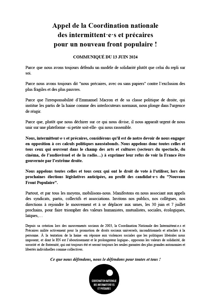 Appel à défendre les droits sociaux pour toutes et tous les intermittent·es de l'emploi.
Les réformes dévastatrices des règles d’indemnisations de l’assurance chômage, décrétées en force, ça suffit !
Ensemble, faisons front populaire !