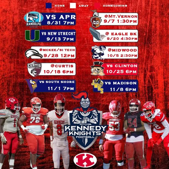 Our 2024-2025 Kennedy Knights Football Schedule 🛡️⚔️
.
.
.
.
#WeAreKennedy #KennedyFootball #VarsitySchedule #BronxFootball #Back2Basics #BronxExcellence