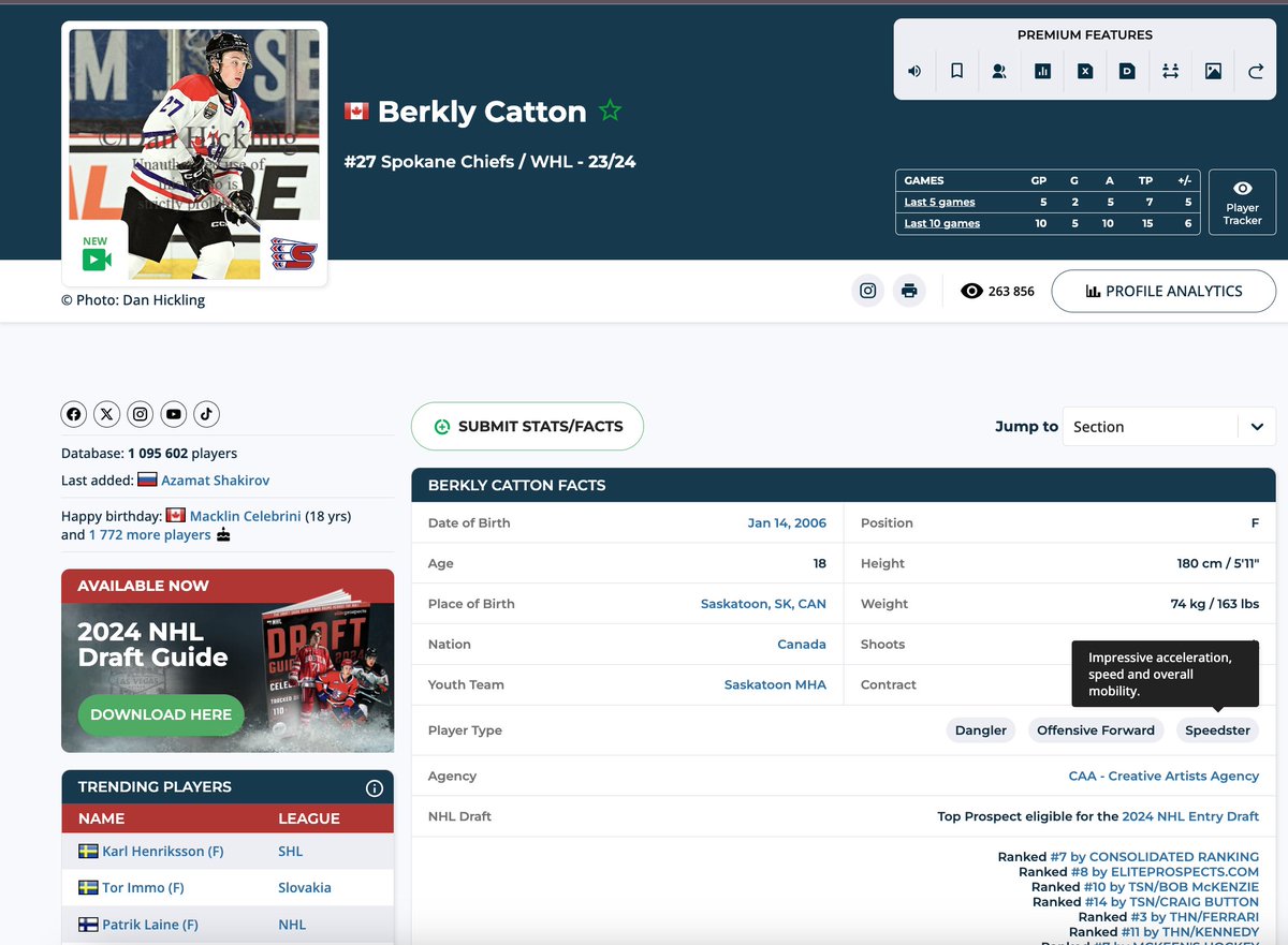 🚨 NEW SITE FEATURE 🚨

Player Types are now available on eliteprospects.com, on individual player pages! 

Each player can have 1-3 player types entered, which describes the style of game they play. Check them out now on #2024NHLDraft prospects pages!