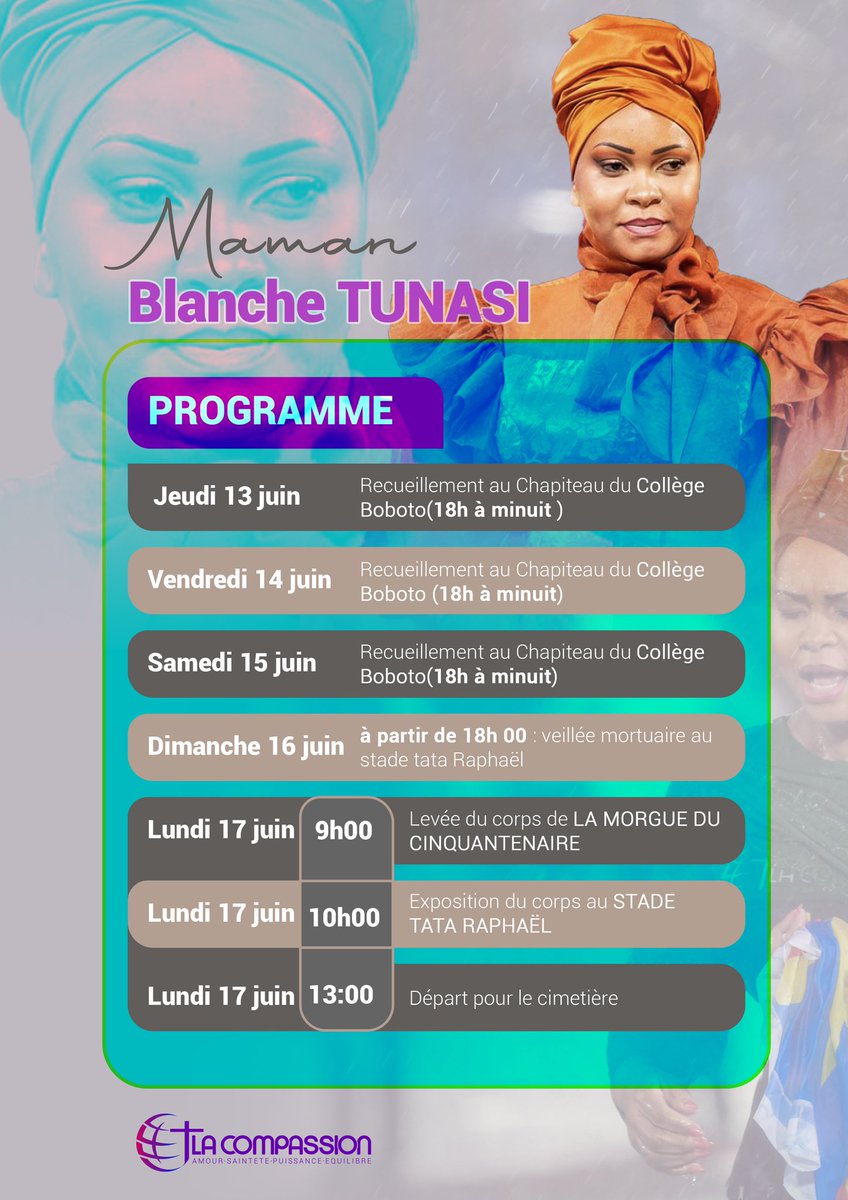 CompassionCrefm's tweet photo. La Communauté Crefm "La Compassion" informe les frères et sœurs ainsi que l’opinion publique que le programme des obsèques en mémoire de la Servante de Dieu, Blanche Odia Kandolo Tunasi, se présente comme suit : https://t.co/fLWSYdydDn