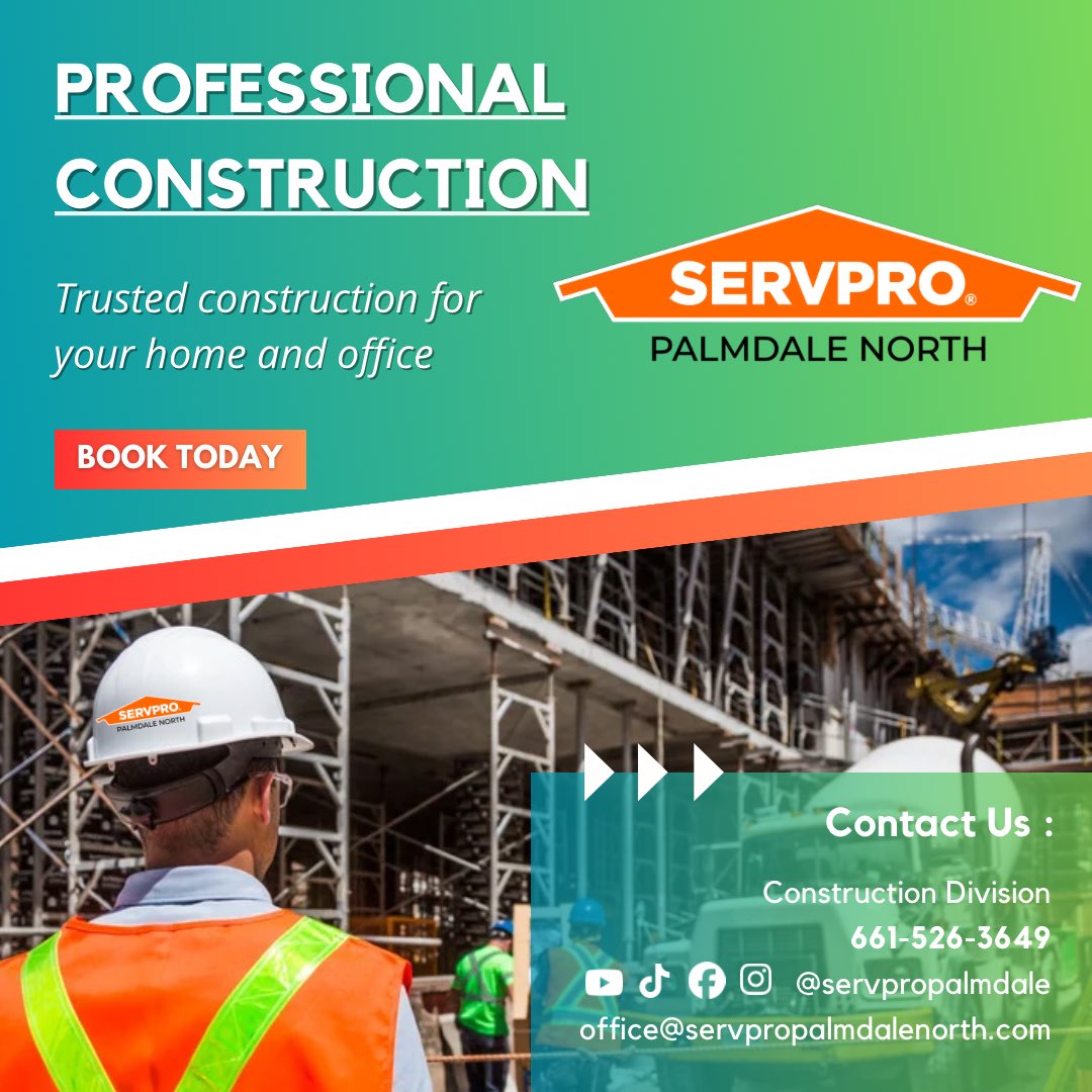 Construction Ready 🦺 🛠️ 

Offices, homes, put backs, add ons, remodels. You name it! We done it. We did it! 💯

Everyone needs a contractor they can rely on to pick up then phone. 

Not sure if you and your family have one saved? No worries. SERV-PRO PALMDALE NORTH is here!