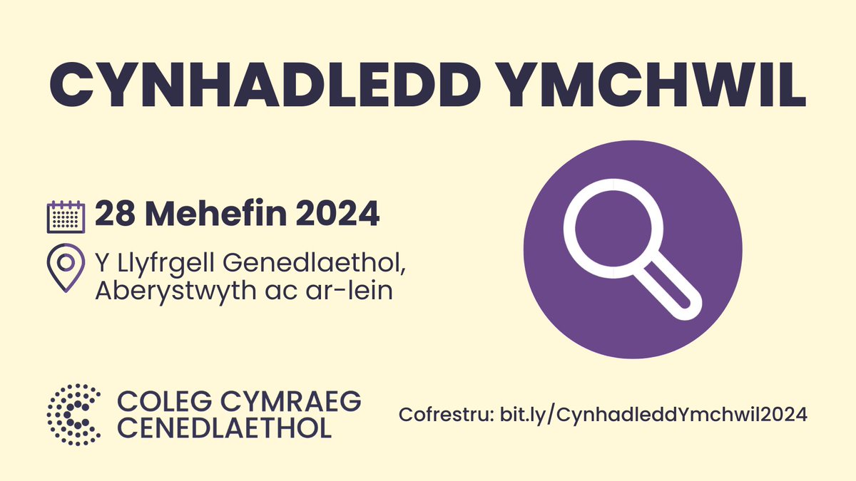 Mae rhaglen y Gynhadledd Ymchwil bellach ar gael! 

➡️ bit.ly/rhaglen2024  

Cymer olwg ar grynodebau o'r papurau fydd yn cael eu cyflwyno ar 28 Mehefin, a bywgraffiadau'r cyflwynwyr 🗣️

Cofrestra cyn 19 Mehefin: colegcymraeg.ac.uk/newyddion/digw… 

@cccolradd #CynhadleddYmchwil24