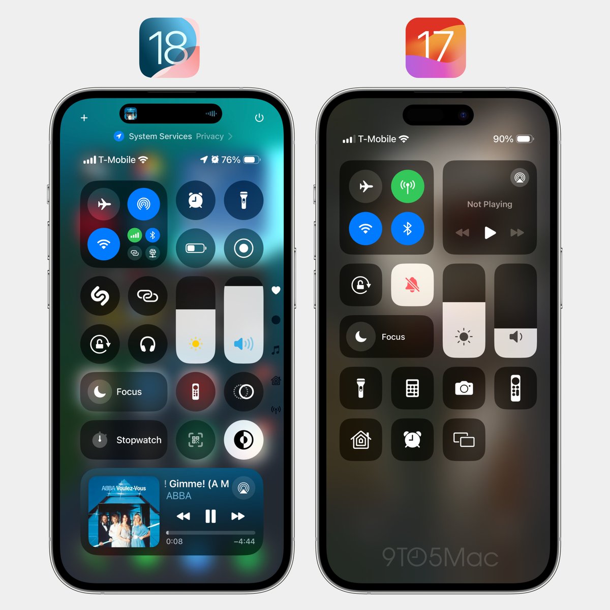 9to5mac's tweet image. New customizable Control Center design in iOS 18 vs 17..