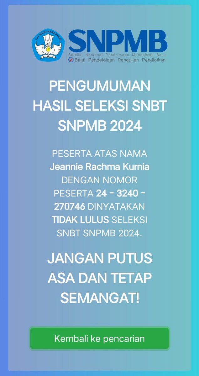 Jennieeraa's tweet photo. dan terjadi lagi..
udah punya feeling sama hasilnya, tapi pas liat pengumumannya kenapa tetep sedih ya 🥺
it's okay Allah pasti punya rencana yang jauh lebih indah dibanding ini
I believe God's plan is more beautiful 🤍 https://t.co/cfpBx7BLSX