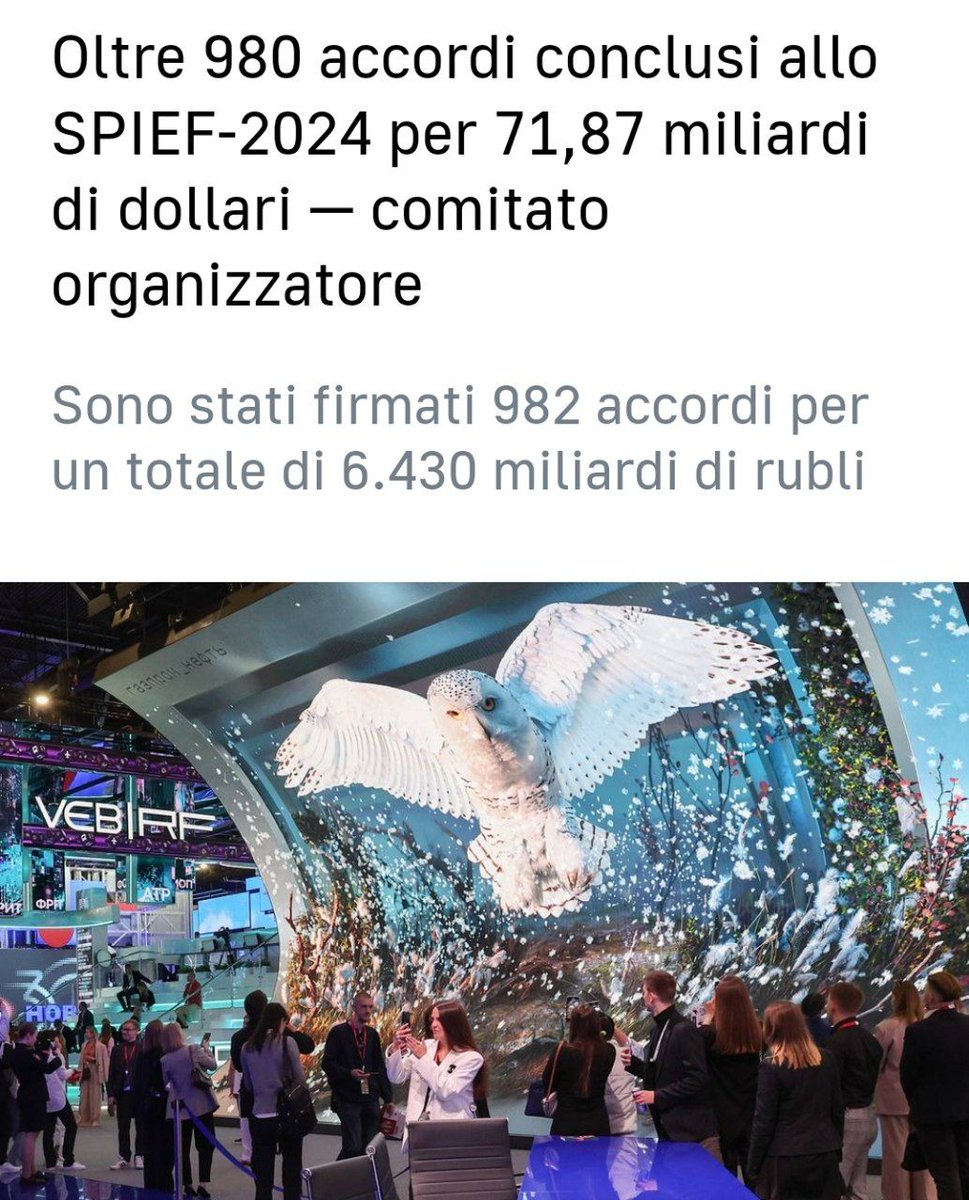 AgainCarlakak's tweet photo. IL FORUM DI SAN PIETROBURGO SEGNA IL TRIONFO DI RUSSIA E BRICS

Battuti tutti i record al Forum Economico di San Pietroburgo appena concluso:

- Firmati accordi commerciali per l'incredibile cifra di seimila miliardi di Rubli pari a 71 miliardi di Dollari
(+ 67% rispetto alla scorsa edizione)

- 21mila visitatori  (+ 25%)

- 140 delegazioni rappresentate ai massimi livelli (+ 7%), praticamente l'intero pianeta tranne i Paesi NATO e UE, le cui pressioni a non partecipare verso i Paesi Africani e Sudamericani sono state bellamente ignorate.

Inoltre sono saliti a 63 i Paesi che hanno richiesto l'entrata nei BRICS, tra loro la Turchia (secondo esercito più numeroso della NATO) ed il Venezuela (maggior riserva planetaria di petrolio pari a 303 miliardi di barili).

I BRICS e la Russia stanno cambiando gli equilibri mondiali sotto i nostri occhi, ma la nostra Italietta come al solito arriverà per ultima

News by
https://t.co/Yg6F9mV4k5