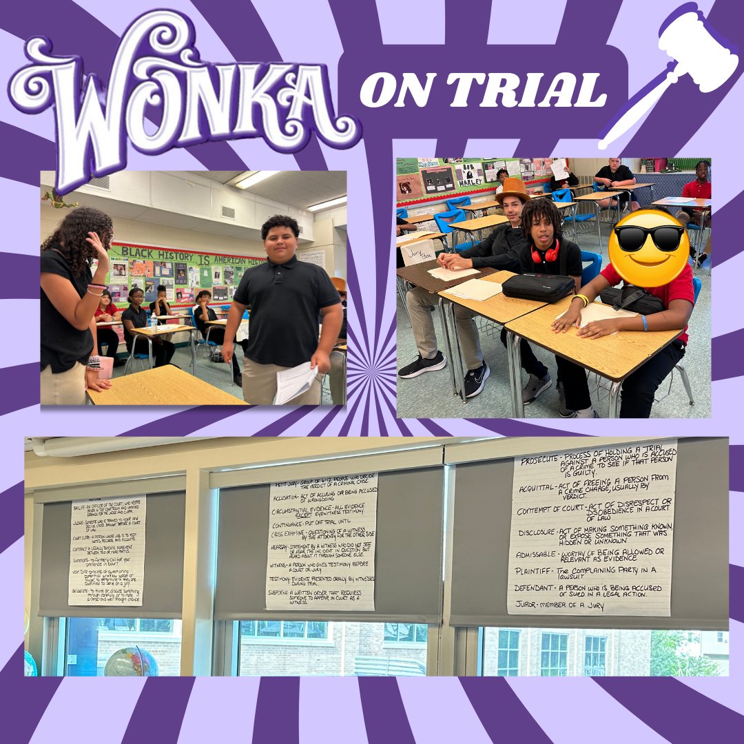 In Mrs. Rack's social studies class, the trial of the century is underway! ⚖️ Our students are putting their civics knowledge to the test in a mock trial, with Willy Wonka himself in the hot seat.  Will the verdict for Mr. Wonka be sweet or sour? Stay tuned!   ⚖🍫🎟#rahwayrocks