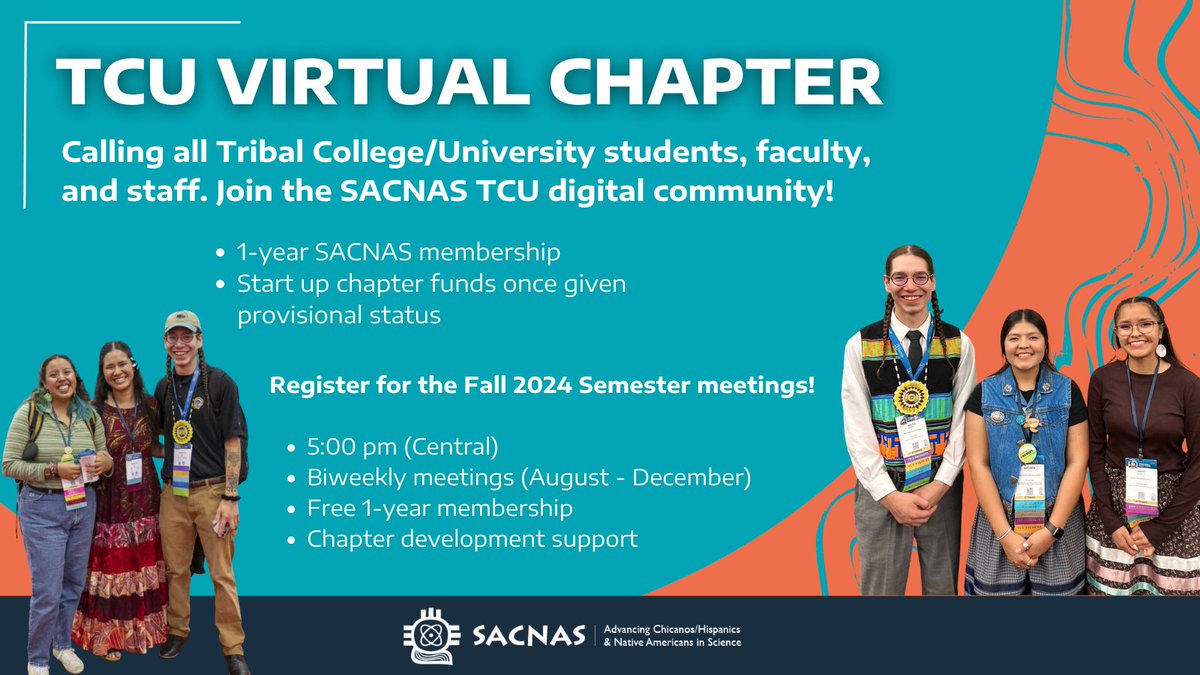 SACNAS's tweet photo. π Join the TCU Virtual Chapter! π A digital community for Tribal College and University students and faculty to connect, network, and build foundations for future campus chapters.
Learn more: https://t.co/NZihywPDBe
#IndigenousSTEM #TribalColleges #NativeScholars https://t.co/39RUj0QeAx