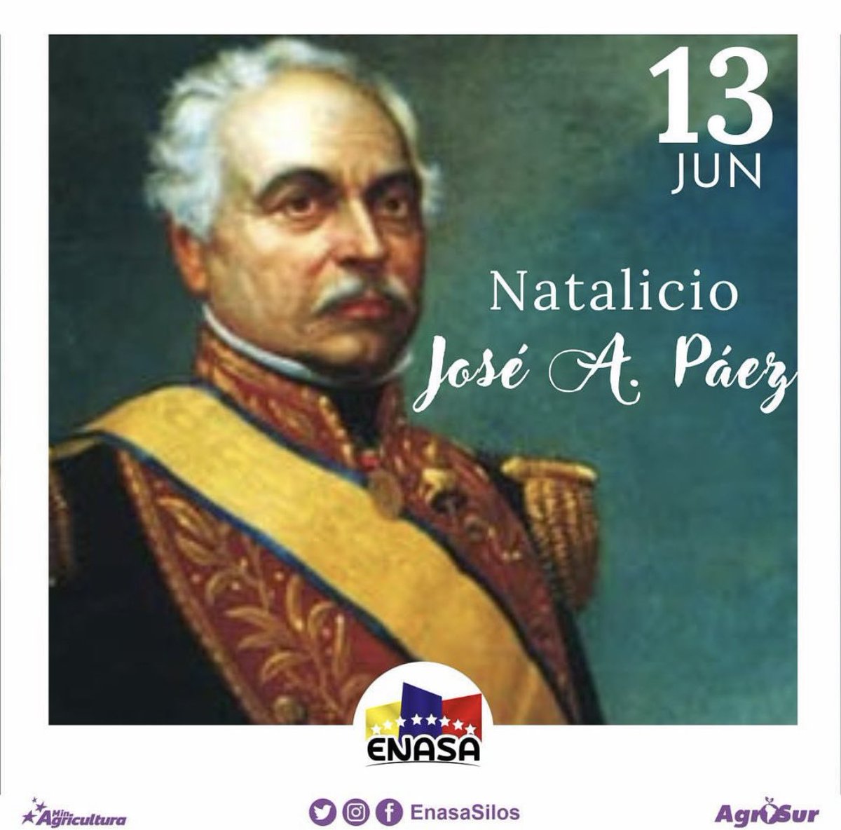 EnasaSilos's tweet photo. Hoy, celebramos el natalicio de José Antonio Páez, quien fue líder del movimiento independentista de La Cosiata, al que Venezuela debe su carácter de nación independiente y soberana. https://t.co/wvIs7GMYP1