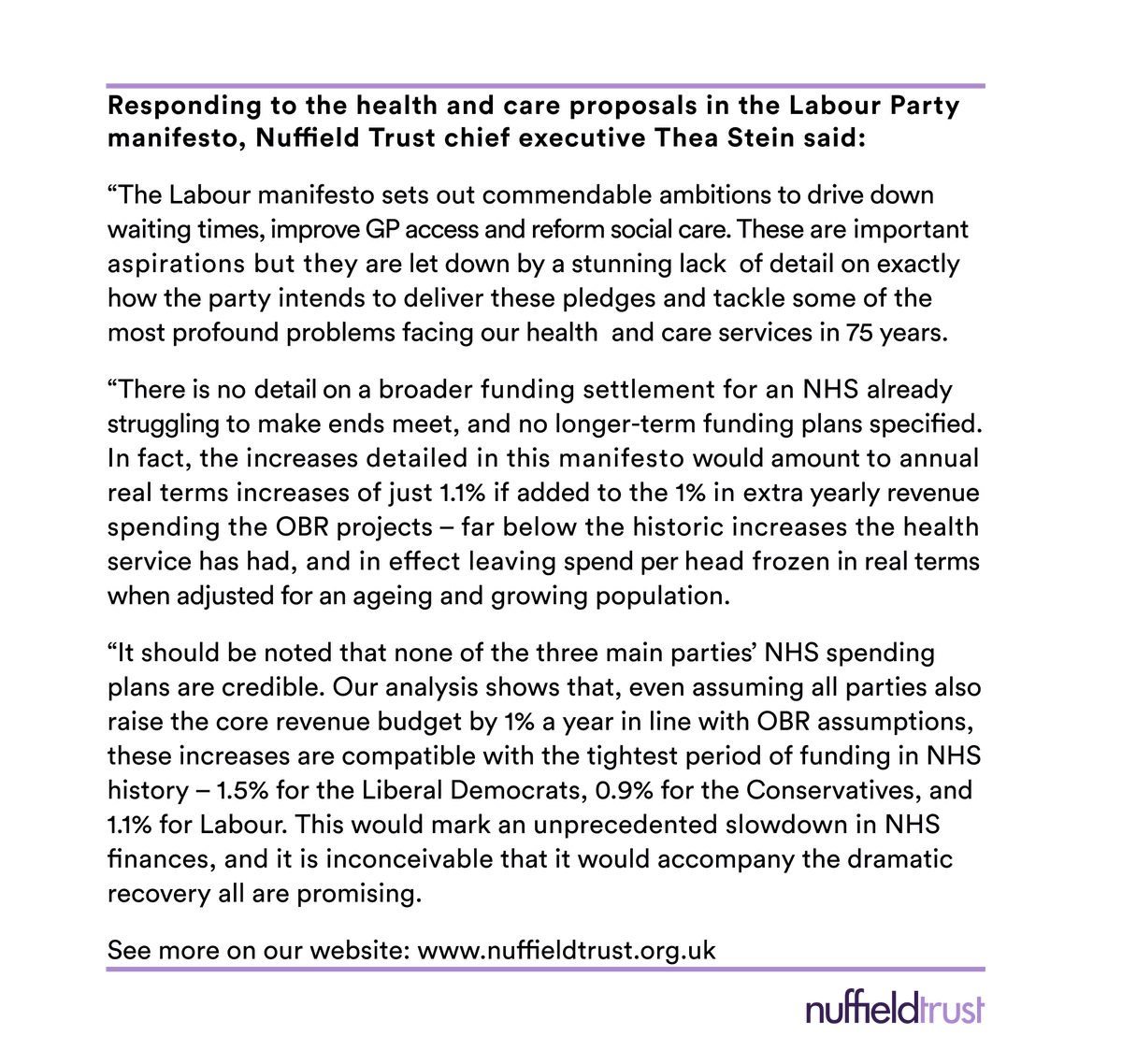 NuffieldTrust's tweet photo. 🆕Read our response to the NHS and care proposals in the Labour Party manifesto.

Commendable ambitions to drive down waits, improve GP access and reform social care but funding plans will not accompany a dramatic recovery. 

https://t.co/2JF3OArRz3 https://t.co/M2qzD4SHHD