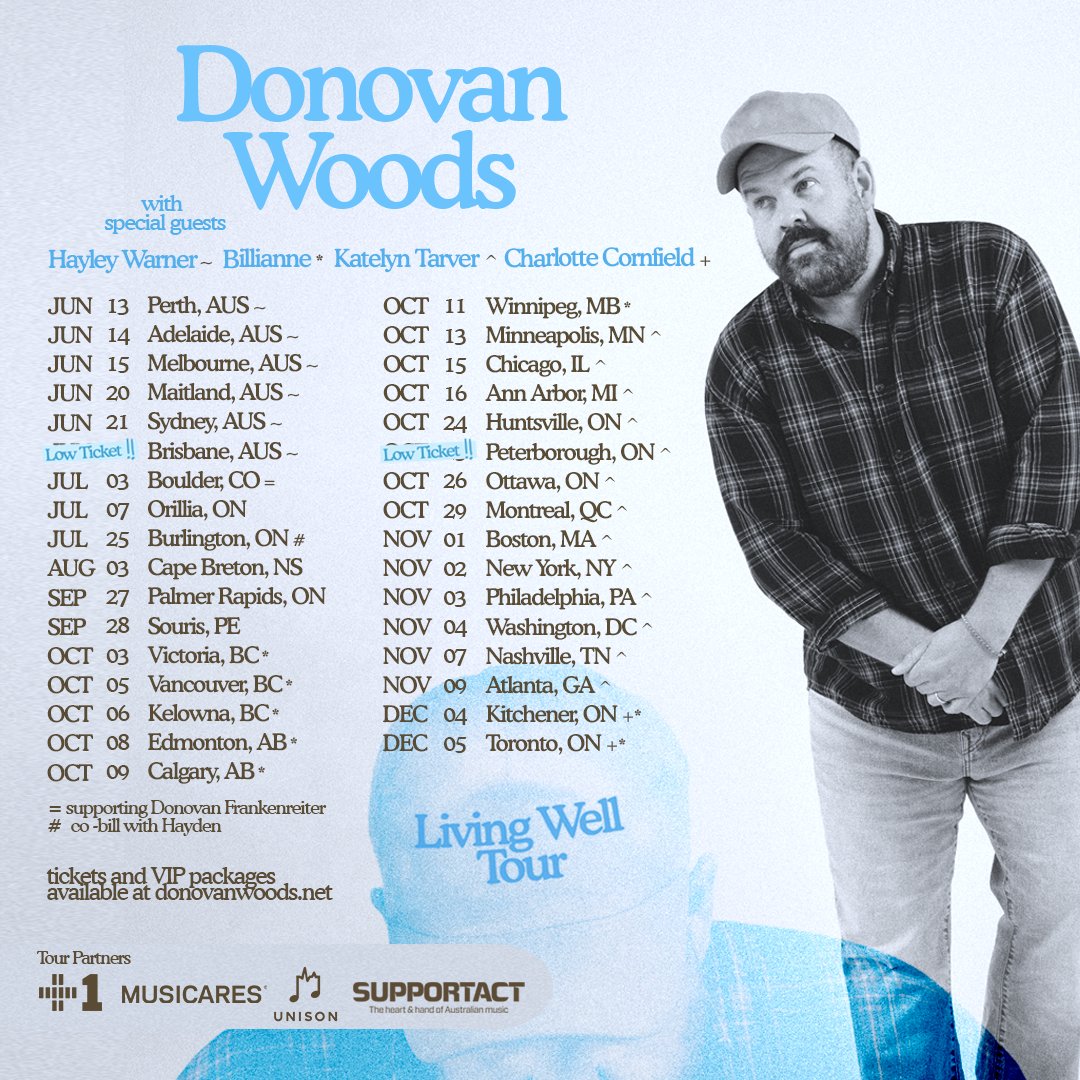 Excited to be joined by the talented <a href="/Billiannee/">Billianne</a>, <a href="/katelyntarver/">Katelyn Tarver</a>, and <a href="/cornfieldmusic/">Charlotte Cornfield</a> to open the shows listed. I was excited for this tour before, but now I’m through the roof. Look for me up on the roof. Love it up here on the roof!

donovanwoods.net/tour