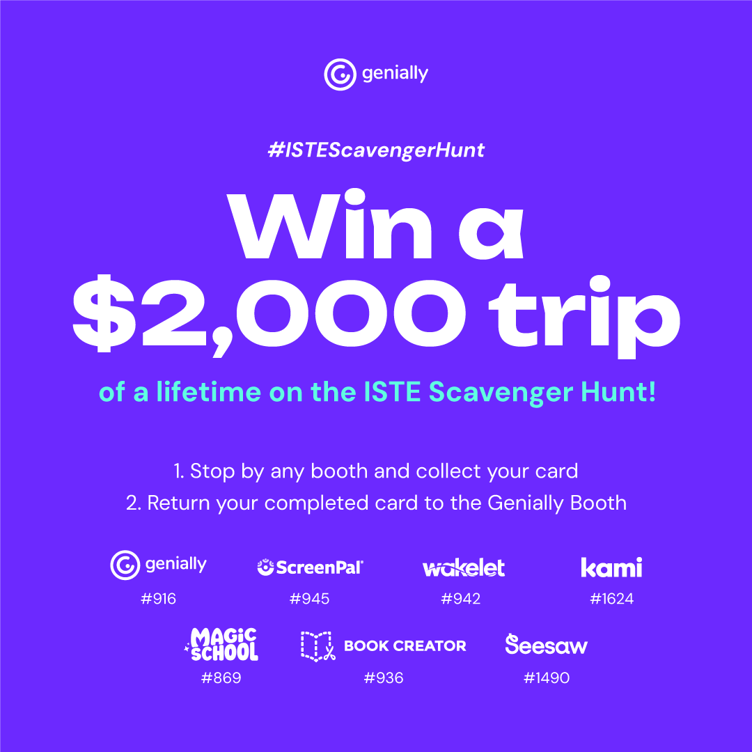 Genially (@genially) on Twitter photo 💥Win a $2,000 trip of a lifetime on the #ISTEScavengerHunt! Stop by any booth and collect your card
<a href="/BookCreatorApp/">Book Creator Team</a> #936
<a href="/Kami/">Kami Mattioli</a> #1624
<a href="/magicschoolai/">MagicSchool AI 💜 🪄✨</a> #869
<a href="/wakelet/">Wakelet 💙</a> #942
<a href="/Seesaw/">Seesaw</a> #1490
<a href="/screenpalapp/">ScreenPal (Formerly Screencast-O-Matic)</a> #945
📌Return your completed card to Genially Booth #916
#ISTELive 💥Win a $2,000 trip of a lifetime on the #ISTEScavengerHunt! Stop by any booth and collect your card
<a href="/BookCreatorApp/">Book Creator Team</a> #936
<a href="/Kami/">Kami Mattioli</a> #1624
<a href="/magicschoolai/">MagicSchool AI 💜 🪄✨</a> #869
<a href="/wakelet/">Wakelet 💙</a> #942
<a href="/Seesaw/">Seesaw</a> #1490
<a href="/screenpalapp/">ScreenPal (Formerly Screencast-O-Matic)</a> #945
📌Return your completed card to Genially Booth #916
#ISTELive