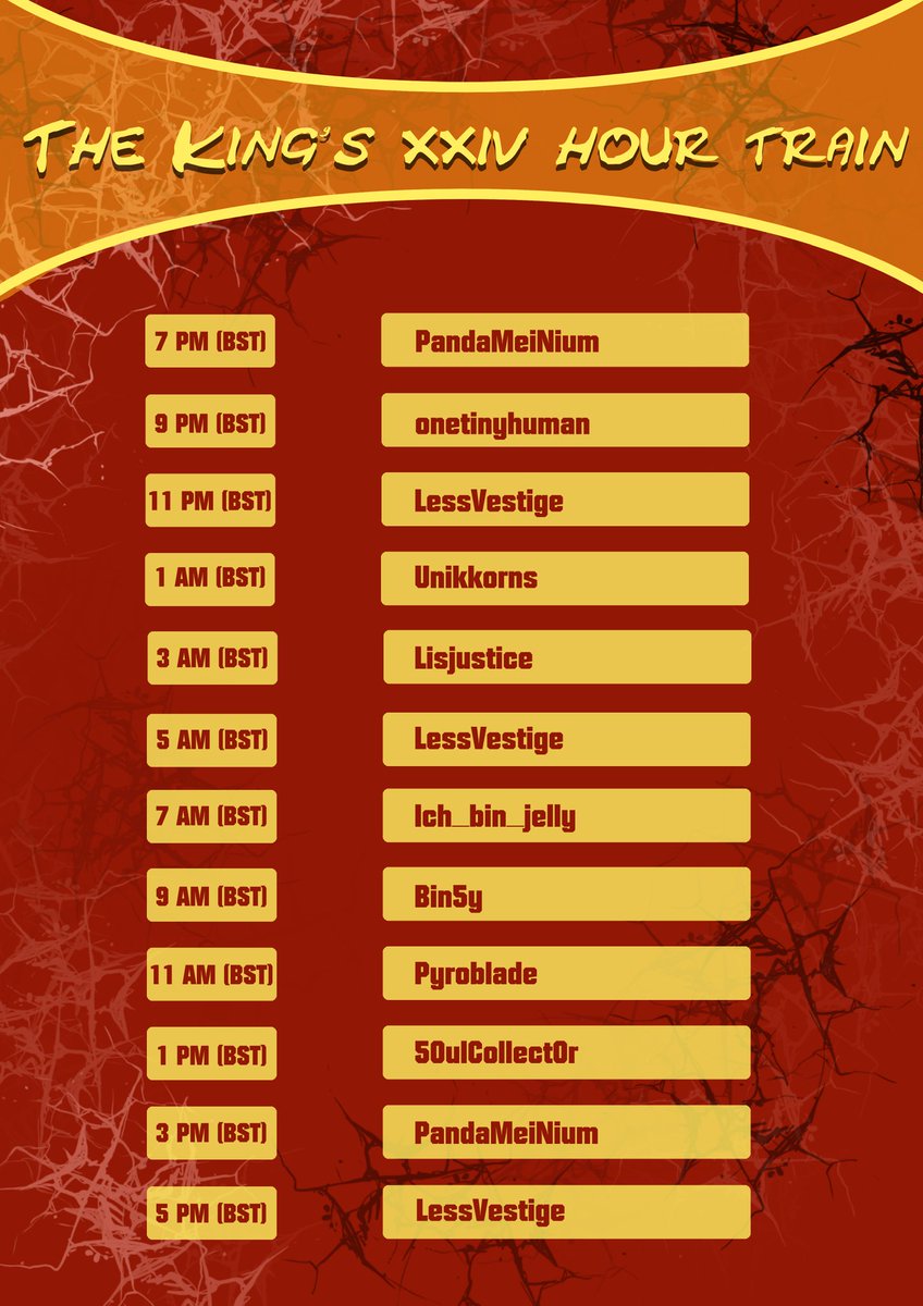 LessVestige's tweet image. Comin' at ya with the official schedule for The Kings 24 Hour Train Fundraiser! Don't miss out on the excitement! Join us tomorrow as we get the event started strong with @PandaMeiNium playing Mario Kart 8 with viewers! See you there!