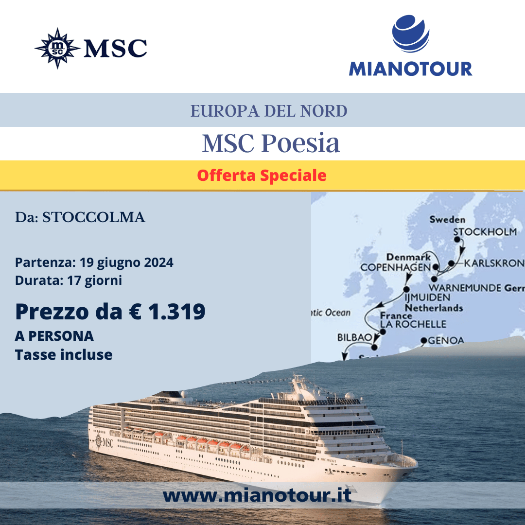mianotour's tweet photo. ### Scopri l'Europa con MSC Poesia!
Vivi il comfort e il lusso a bordo, goditi l'intrattenimento, la cucina raffinata e il relax nelle spa. Prenota ora e preparati a un viaggio da sogno!

Per saperne di più: https://t.co/oaJ2IAG7BF

#MSCcrociere #MSCPoesia https://t.co/AdobK8AT5F