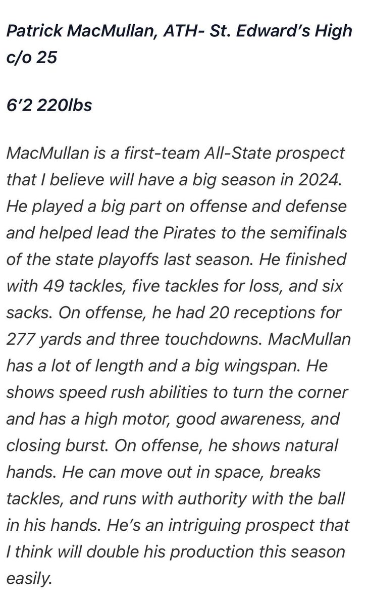 Patrick MacMullan (@patrickmac4133) on Twitter photo Incredibly honored to be written about as a top prospect to watch in 2024 by <a href="/PrepRedzoneFL/">Prep Redzone Florida</a> !! Continuing to put in work everyday.
<a href="/SESFootball/">SES Pirate Football</a> <a href="/Coach__Scho/">Coach Scho</a> <a href="/j_antosh/">J.P. Antosh</a> <a href="/StEdsAthletics/">StEdsAthletics</a> <a href="/SSAAFootball/">SSAA Football</a> Incredibly honored to be written about as a top prospect to watch in 2024 by <a href="/PrepRedzoneFL/">Prep Redzone Florida</a> !! Continuing to put in work everyday.
<a href="/SESFootball/">SES Pirate Football</a> <a href="/Coach__Scho/">Coach Scho</a> <a href="/j_antosh/">J.P. Antosh</a> <a href="/StEdsAthletics/">StEdsAthletics</a> <a href="/SSAAFootball/">SSAA Football</a>