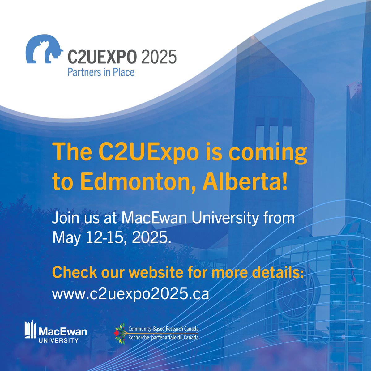 Community-Based Research Canada (CBRCanada) (@cbrcresearch) on Twitter photo Save the date! C2UExpo 2025 is coming to <a href="/MacEwanU/">MacEwan University</a> in Edmonton, Alberta. Mark your calendars for May 12-15, 2025!
Call for proposals in Fall 2024 & Registration opening in early 2025.
More information: c2uexpo2025.ca Save the date! C2UExpo 2025 is coming to <a href="/MacEwanU/">MacEwan University</a> in Edmonton, Alberta. Mark your calendars for May 12-15, 2025!
Call for proposals in Fall 2024 & Registration opening in early 2025.
More information: c2uexpo2025.ca