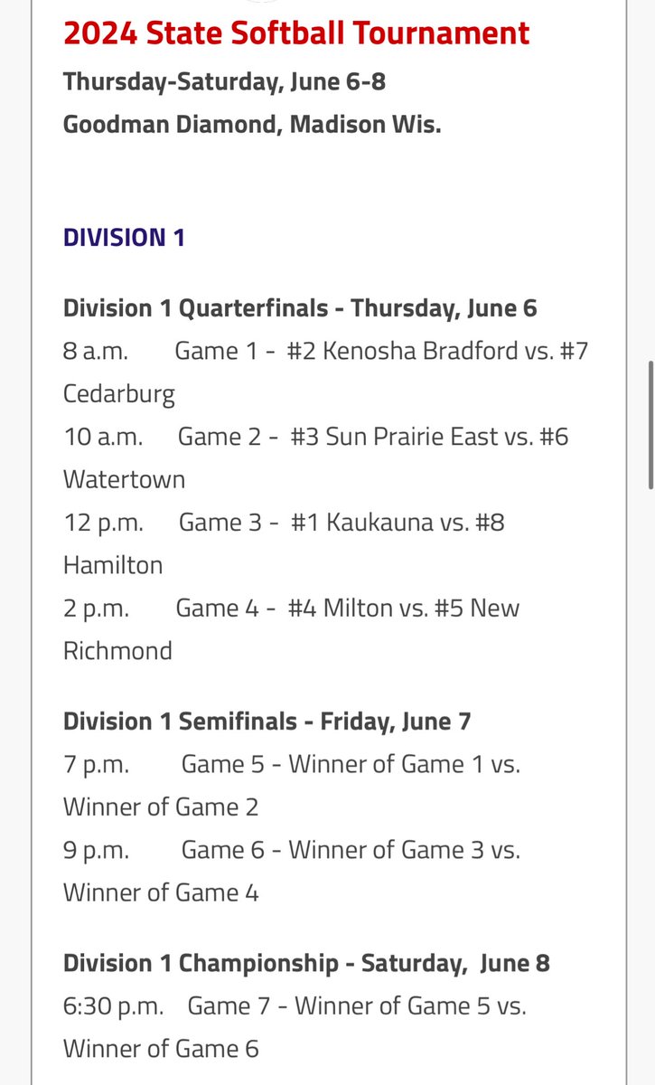 Watertown Goslings Sports Updates (@goslingsupdates) on Twitter photo Gosling Nation, before we head home, we finally have a State Softball bracket!
In the second game of the Division 1 Softball State Tournament, it’ll be a Hwy 19 showdown as #6 <a href="/goslingsoftball/">Watertown Softball</a> will take on the #3 Sun Prairie East Cardinals at 10am next Thursday! Gosling Nation, before we head home, we finally have a State Softball bracket!
In the second game of the Division 1 Softball State Tournament, it’ll be a Hwy 19 showdown as #6 <a href="/goslingsoftball/">Watertown Softball</a> will take on the #3 Sun Prairie East Cardinals at 10am next Thursday!