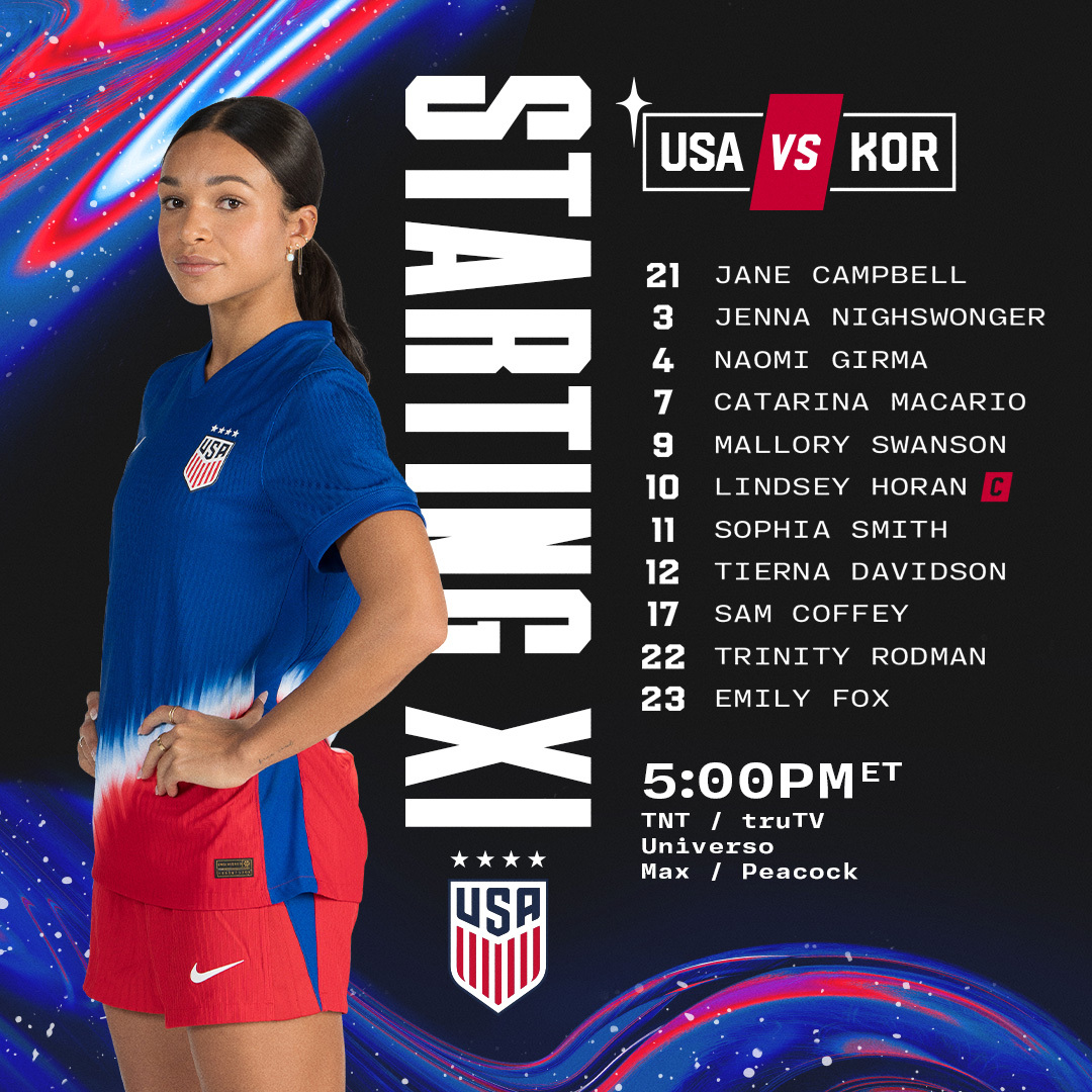 The first Starting XI of the Emma Hayes Era 🇺🇸 

Full Lineup Notes » ussoc.cr/USAKOR-24DEN-LN