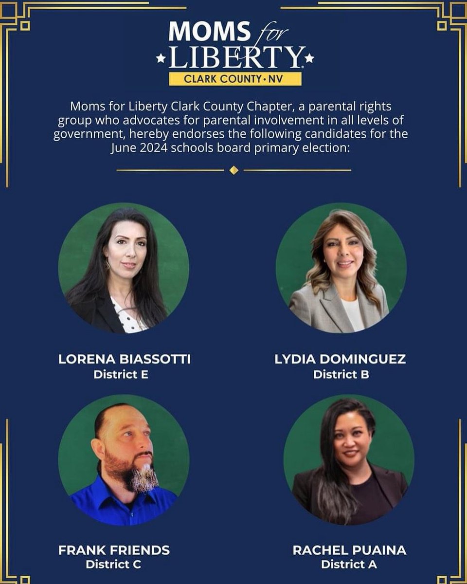 realMattAnthony's tweet image. The Republican Party candidates for Clark County School District. No brainers June 11th in the Nevada Primary. Lorena Biassotti E, Lydia Dominguez B, Frank Friends C and Rachel Puaina A! @lorena4ccsd @LydiaD_LV @RachelAp702

We the People must make Education great again🇺🇸 #Vegas