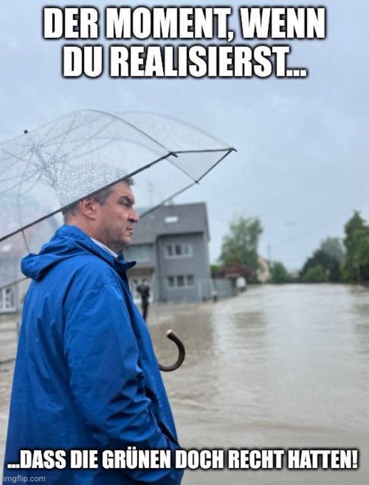 Hat <a href="/Markus_Soeder/">Markus Söder</a> schon die Ausrede vorbereitet, warum daran auch die <a href="/Die_Gruenen/">BÜNDNIS 90/DIE GRÜNEN</a> und #Habeck Schuld sein sollen?
#Hochwasser #Klimakrise #Söder