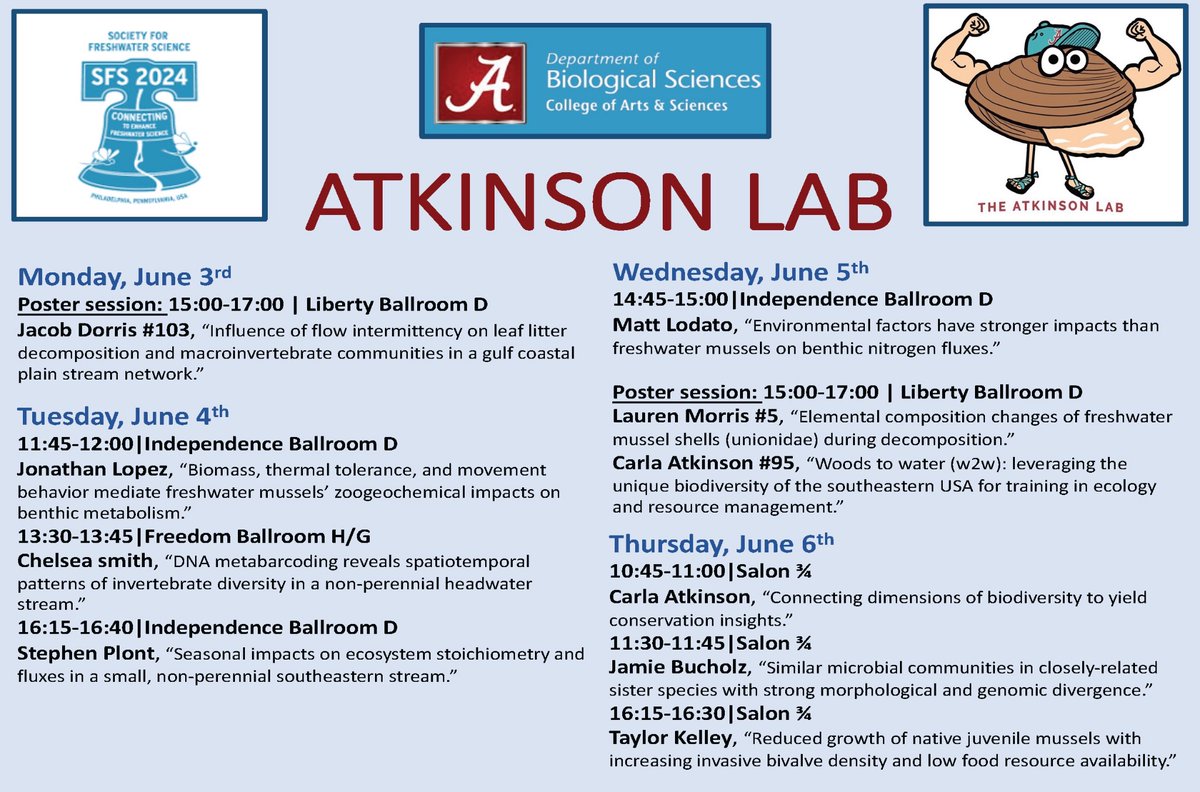 Carla Atkinson (@carlalatkinson) on Twitter photo In Philly for #2024SFS! Come see presentations from members of my lab group! <a href="/crsmith7348/">Chelsea Smith</a> <a href="/stephenplont/">Stephen Plont</a> <a href="/RiverGuyLopez/">Jonathan Lopez</a> <a href="/Kelley_taylor13/">Taylor Kelley</a> <a href="/UaDeptBSC/">UA Dept. of BSC</a> In Philly for #2024SFS! Come see presentations from members of my lab group! <a href="/crsmith7348/">Chelsea Smith</a> <a href="/stephenplont/">Stephen Plont</a> <a href="/RiverGuyLopez/">Jonathan Lopez</a> <a href="/Kelley_taylor13/">Taylor Kelley</a> <a href="/UaDeptBSC/">UA Dept. of BSC</a>