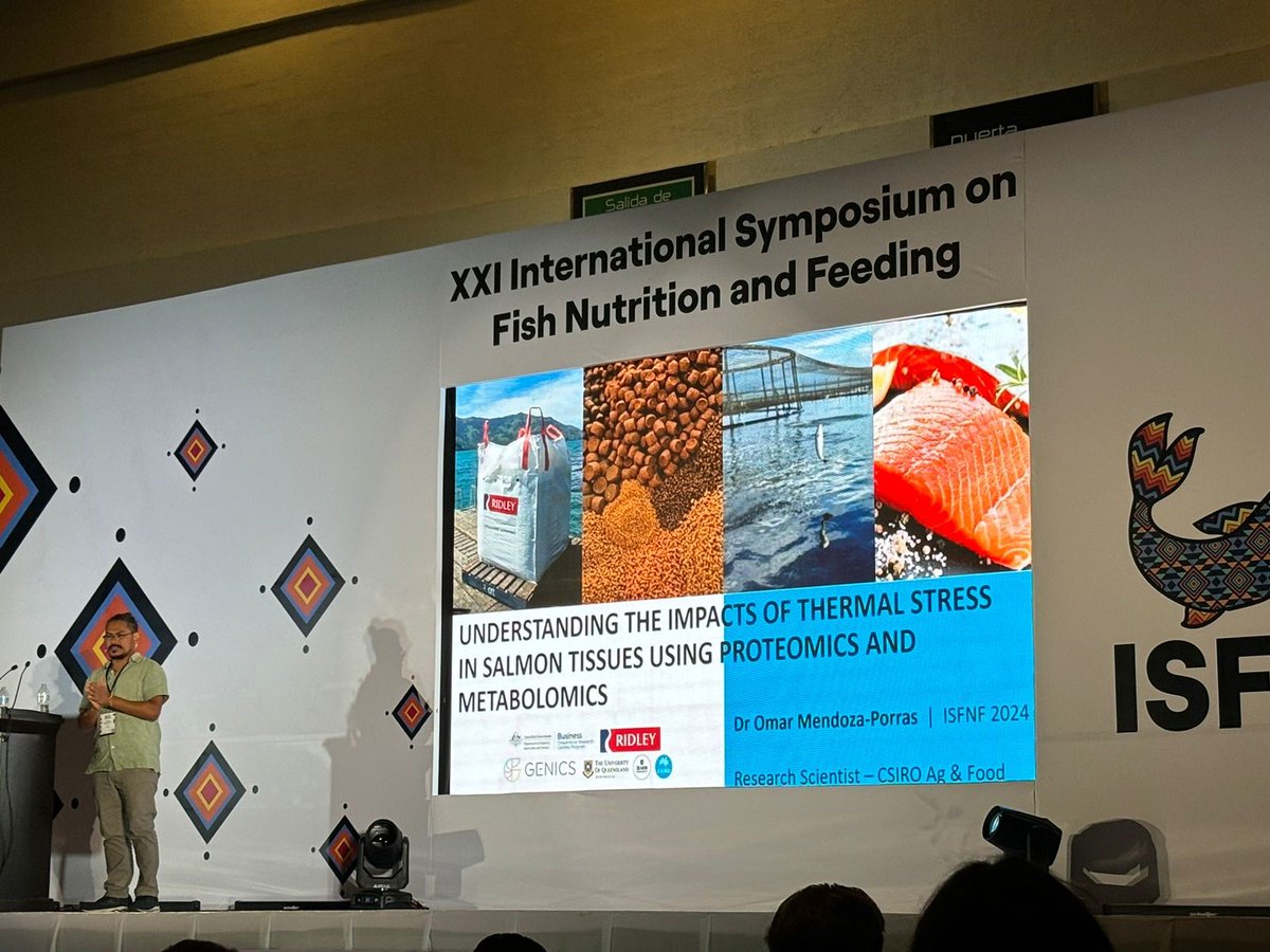 prawnteomics's tweet photo. It was exciting to be in my home country for the @ISFNF2024. I had the opportunity to talk about the monitoring of proteins and metabolites as biomarkers for thermal stress and the implementation of feeding strategies to attenuate thermal stress in Atlantic salmon. https://t.co/6vNCHOiA5V