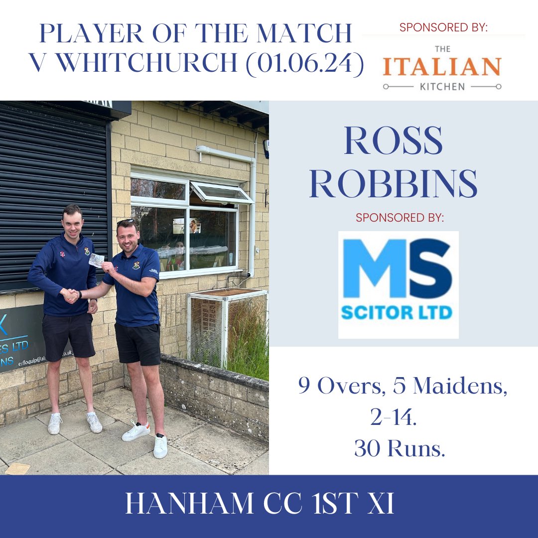 Well Done to Ross Robbins who picked up MoM in our 1st XI’s victory against @wccsomerset 2 Wickets, 5 Maidens, 9 Overs, 14 Runs with the Ball and then 30 runs off of the Bat.
