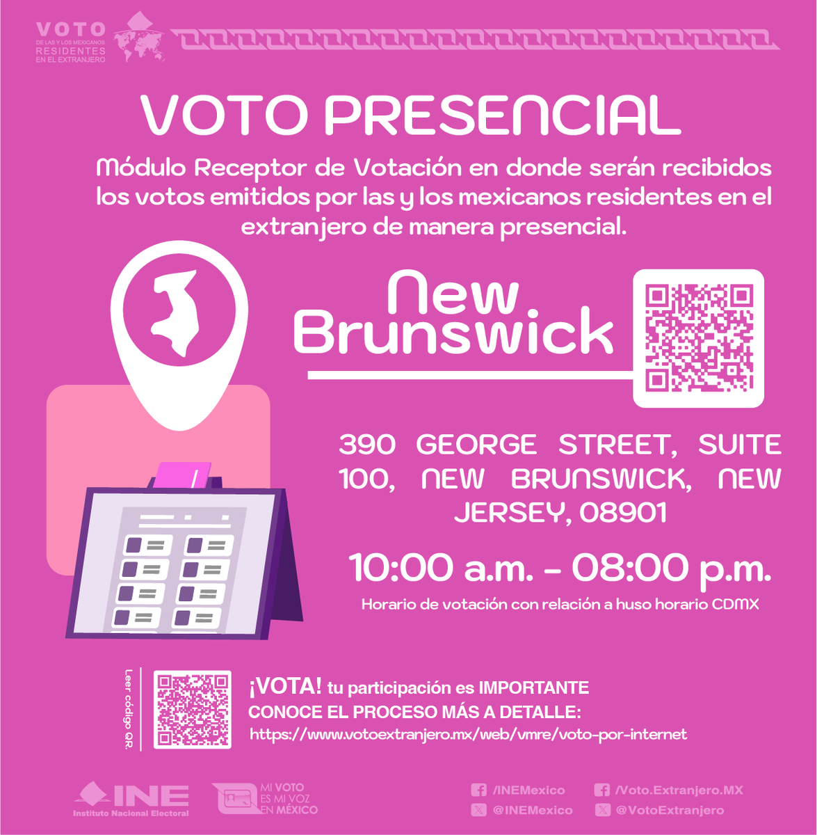 VotoExtranjero's tweet photo. En unas horas más comenzaremos nuestra jornada histórica, mexicanas y mexicanos en el extranjero podrán votar de manera presencial.

Si vives en #NewBrunswick, te esperamos para ejercer tu voto: https://t.co/GLpCRVDhB5
