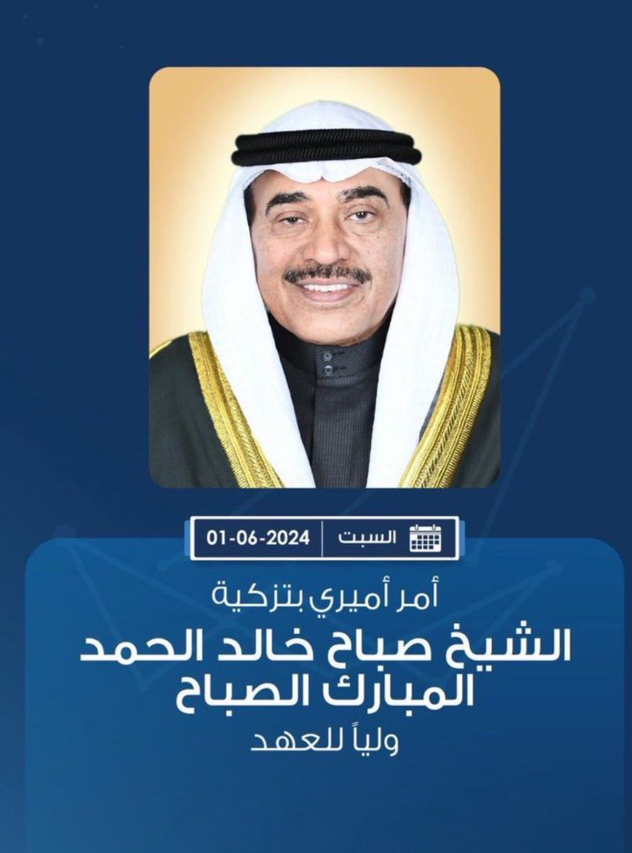 نبارك  الشيخ صباح الخالد الصباح 
ثقة حضرة 
صاحب السمو الشيخ مشعل الأحمد الصباح حفظهما الله 
بتزكيته ولياً للعهد 
فسموه حفظه الله مشهود له بالكفاءة والنزاهة ونظافة الكف فهو رجل دولة بحق 
ونسال الله العلي العظيم ان يوفقه لخدمة العباد والبلاد.