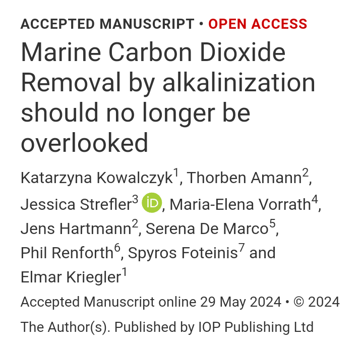 "New study finds that at economic costs of 130 to 295 $/tCO2 net-removed, ocean liming (#OAE using hydrated lime) could be a competitive #CDR option which could make a significant contribution towards the Paris climate target."

➡️iopscience.iop.org/article/10.108…