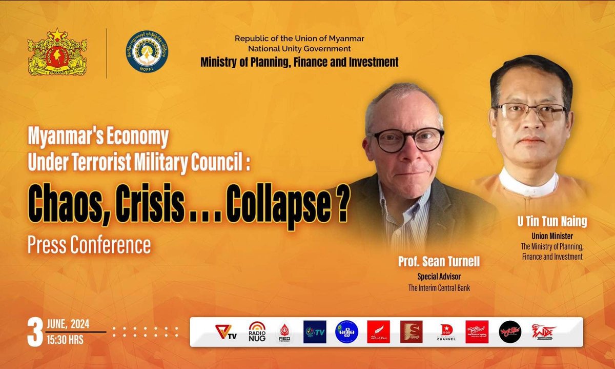 NUGMyanmar's tweet photo. Union Minister of the Ministry of Planning, Finance and Investment, U Tin Tun Naing and the Special Advisor to the Interim Central Bank, Mr Sean Turnell will hold a press conference on the current economic crisis in #Myanmar on 3rd June 2024, Monday 15:30 Myanmar time. https://t.co/NlBQ2Zo1ZQ