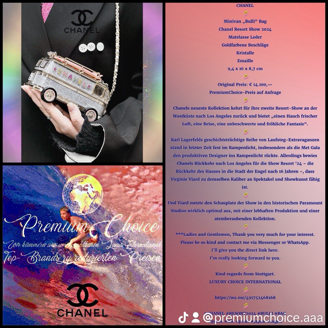 PremiumChoice_A's tweet image. CHANEL
🏄‍♀️
Minivan „Bulli“ Bag
Chanel Resort Show 2024
Matelasse Leder
Goldfarbene Beschläge
Kristalle
Emaille
9,4 x 16 x 8,7 cm
🏄‍♀️
Original Preis: € 14.100,—
PremiumChoice-Preis auf Anfrage
🏄‍♀️
wa.me/491752468168
🏄‍♀️
 #RESORT2024 #BULLI #BAG
#pause #life #pride #japan #augen