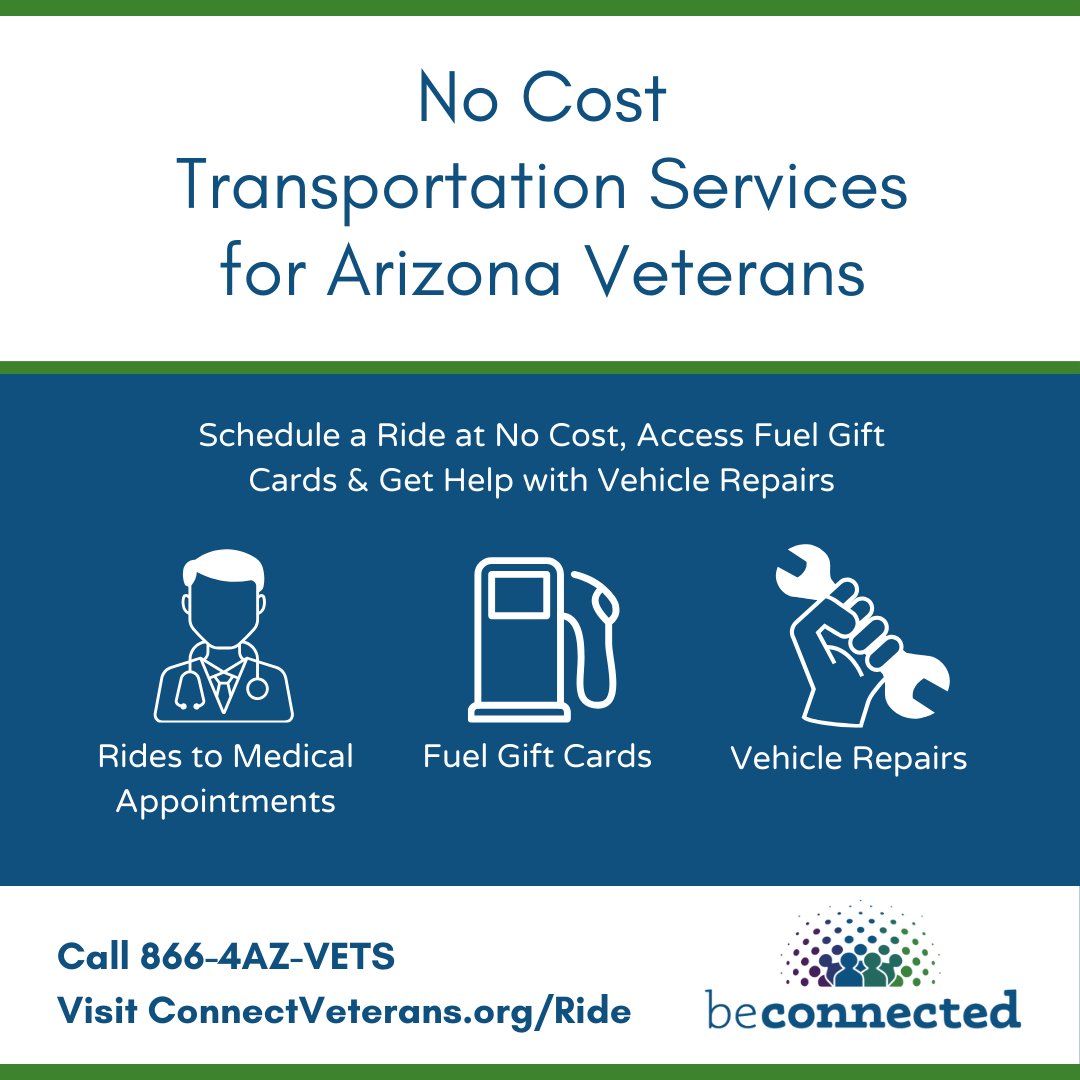 Know an Arizona Veteran who could use a ride to medical appointments or help with gas or vehicle repairs? 📞866-429-8387 (866-4AZ-VETS) Mon-Fri for assistance!

Learn more at ConnectVeterans.org/Ride

#AZVets #Veterans