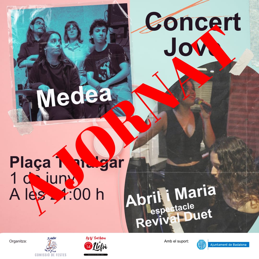 Malauradament a causa de la ☔pluja s'ha ajornat el Concert Jove de les #FestesSantAntoni #Llefià #Badalona , estem cercant dates alternatives,  properament us informarem 😊