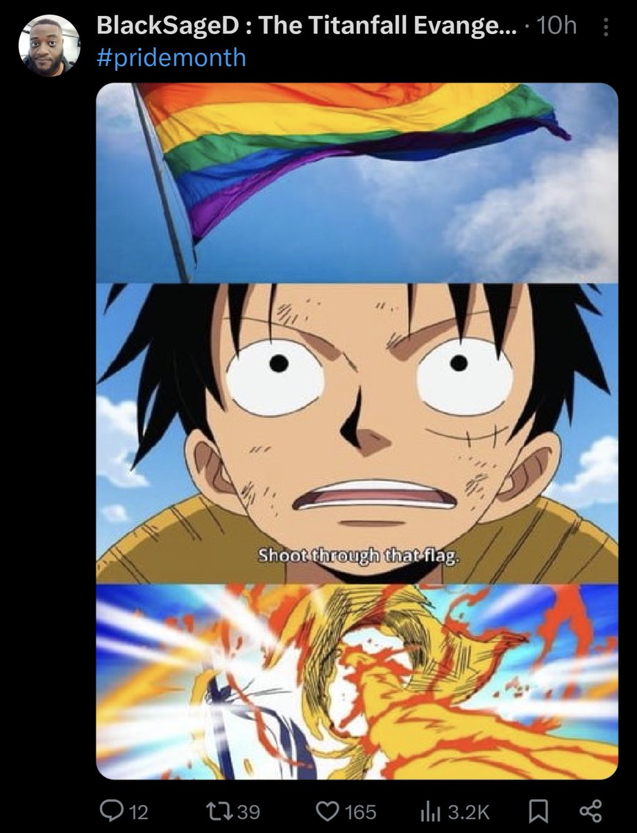 Luffy would never shoot down that flag. Don't use Luffy for your bigoted BS, you troglodyte.